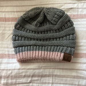 women’s Gray and Pink Knit Beanie